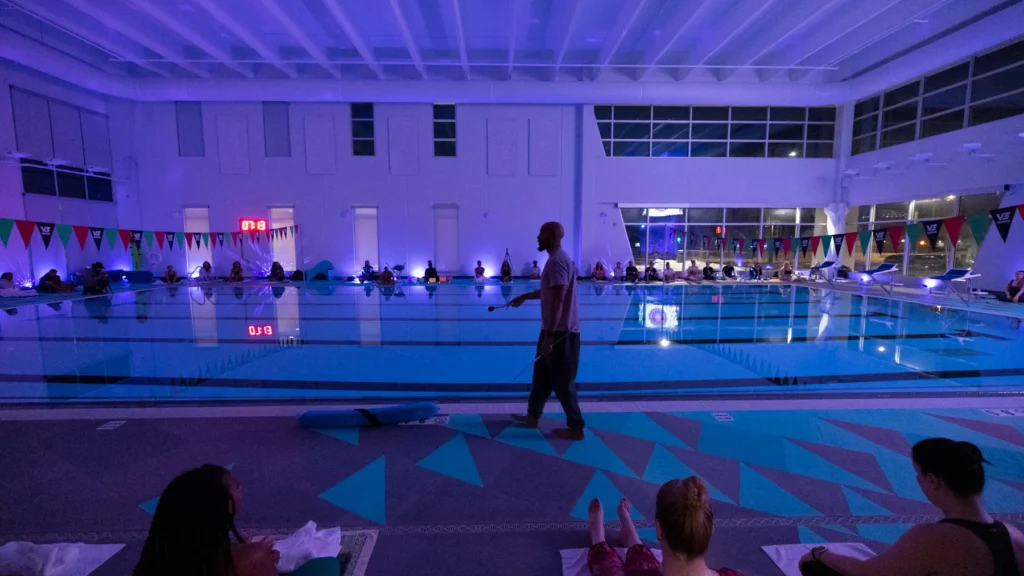 The V3 Sports pool at night set up for Floating Soundbath MPLS
