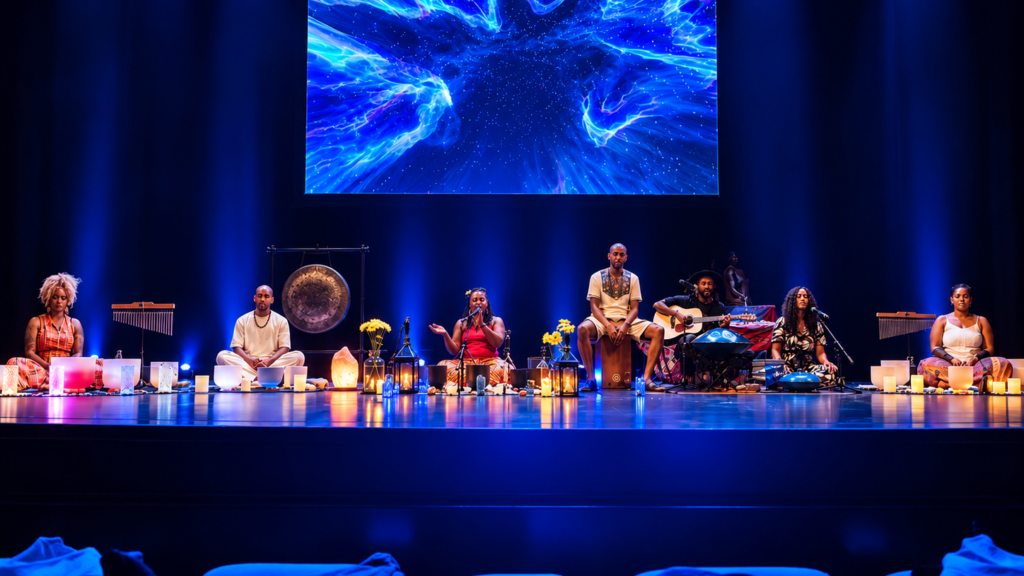 Floating Soundbath MPLS sound healers on the Guthrie Theater stage at the WeCare Conference