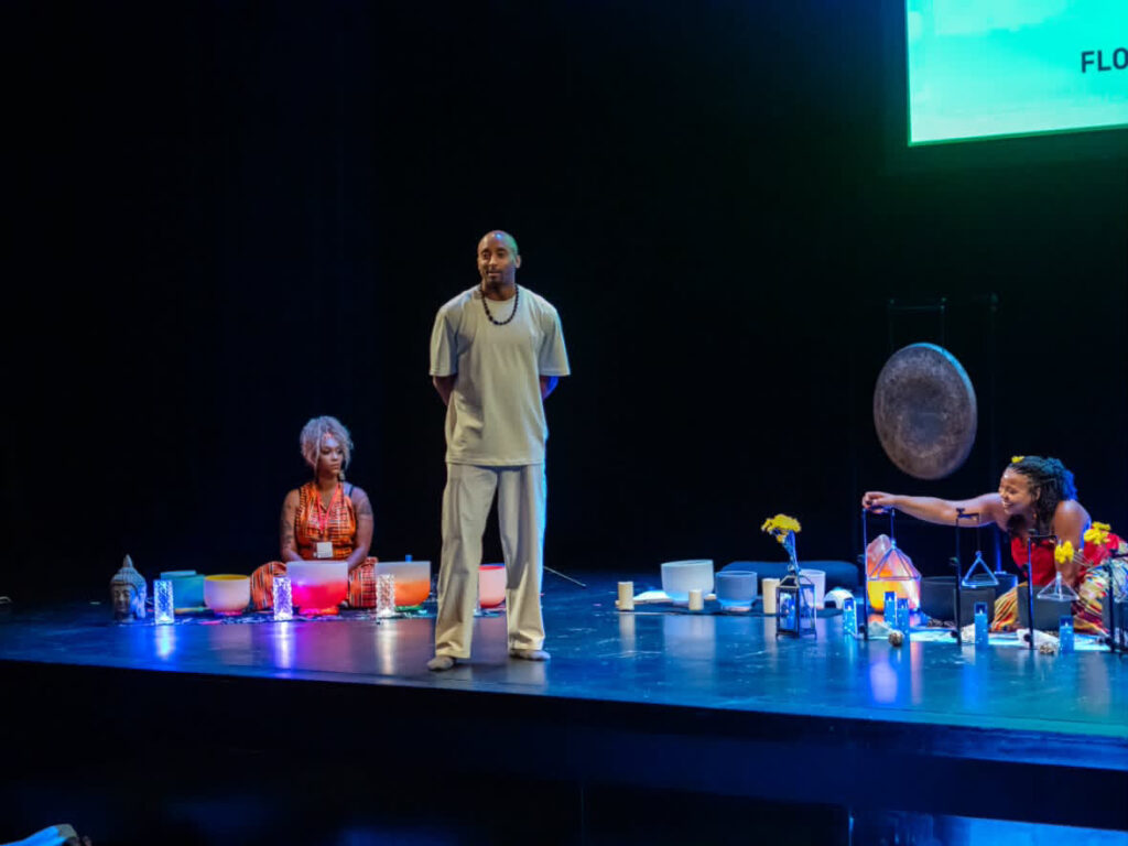 Floating Soundbath MPLS sound healing session on stage at the Guthrie Theater