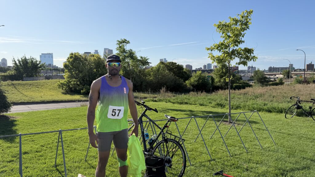 Bruce Leroy Williams in his race kit beside his bike on the morning of the Push Triathlon at V3