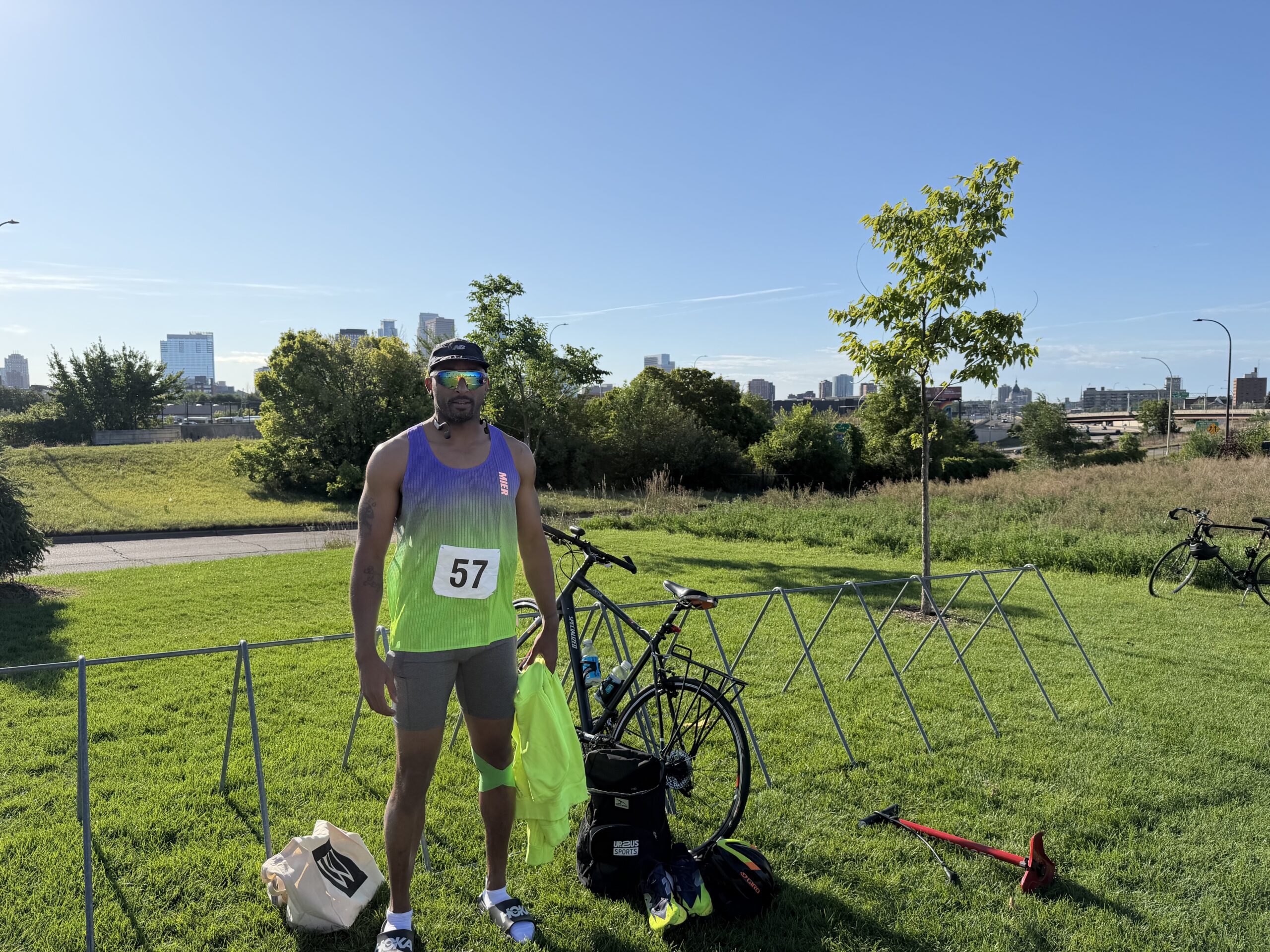 Bruce Leroy Williams in his race kit beside his bike on the morning of the Push Triathlon at V3