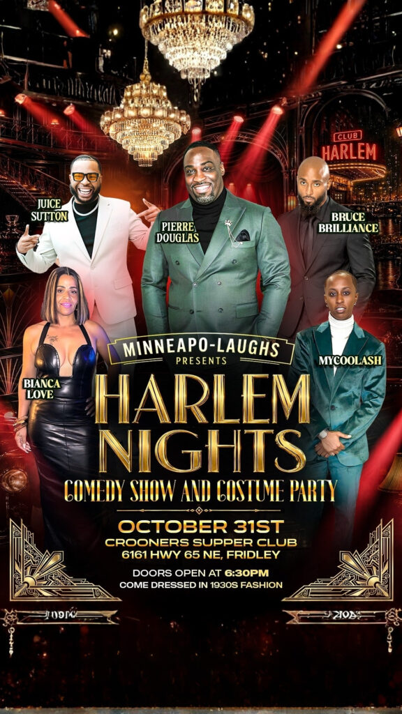 Harlem Nights comedy show and costume party flyer, October 31 at Crooners Supper Club in Fridley